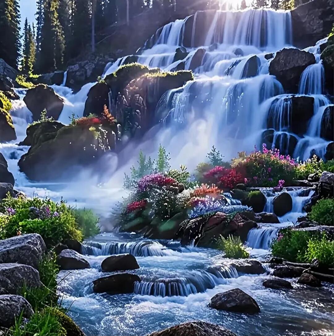 A scenic multi-tier waterfall cascading over rocks, surrounded by lush greenery and colorful flowers in a peaceful natural setting.