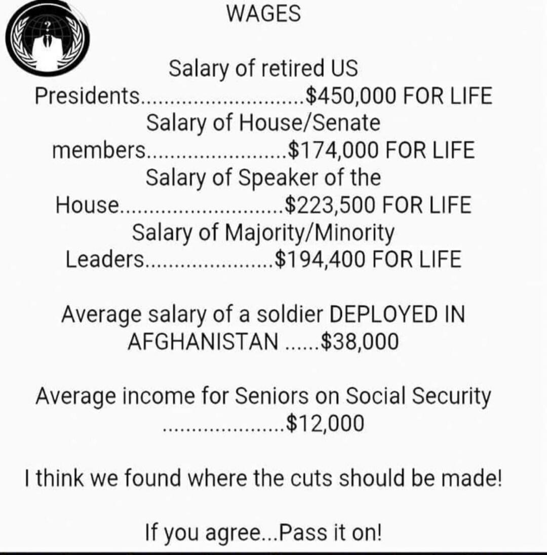 WAGES Salary of retired US Presidents $450,000 FOR LIFE Salary of House/Senate members $174,000 FOR LIFE Salary of Speaker of the House $223,500 FOR LIFE Salary of Majority/Minority Leaders $194,400 FOR LIFE Average salary of a soldier DEPLOYED IN AFGHANISTAN $38,000 Average income for Seniors on Social Security $12,000 I think we found where the c
