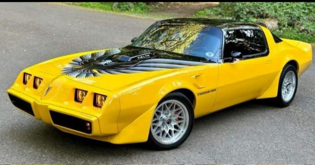 A classic yellow Pontiac Trans Am car with a black roof and a large black and grey phoenix decal on the hood. The car has custom wheels and appears to be in excellent condition. Text on the hood reads 'TALYR' and 'TRANS AM' on the side.