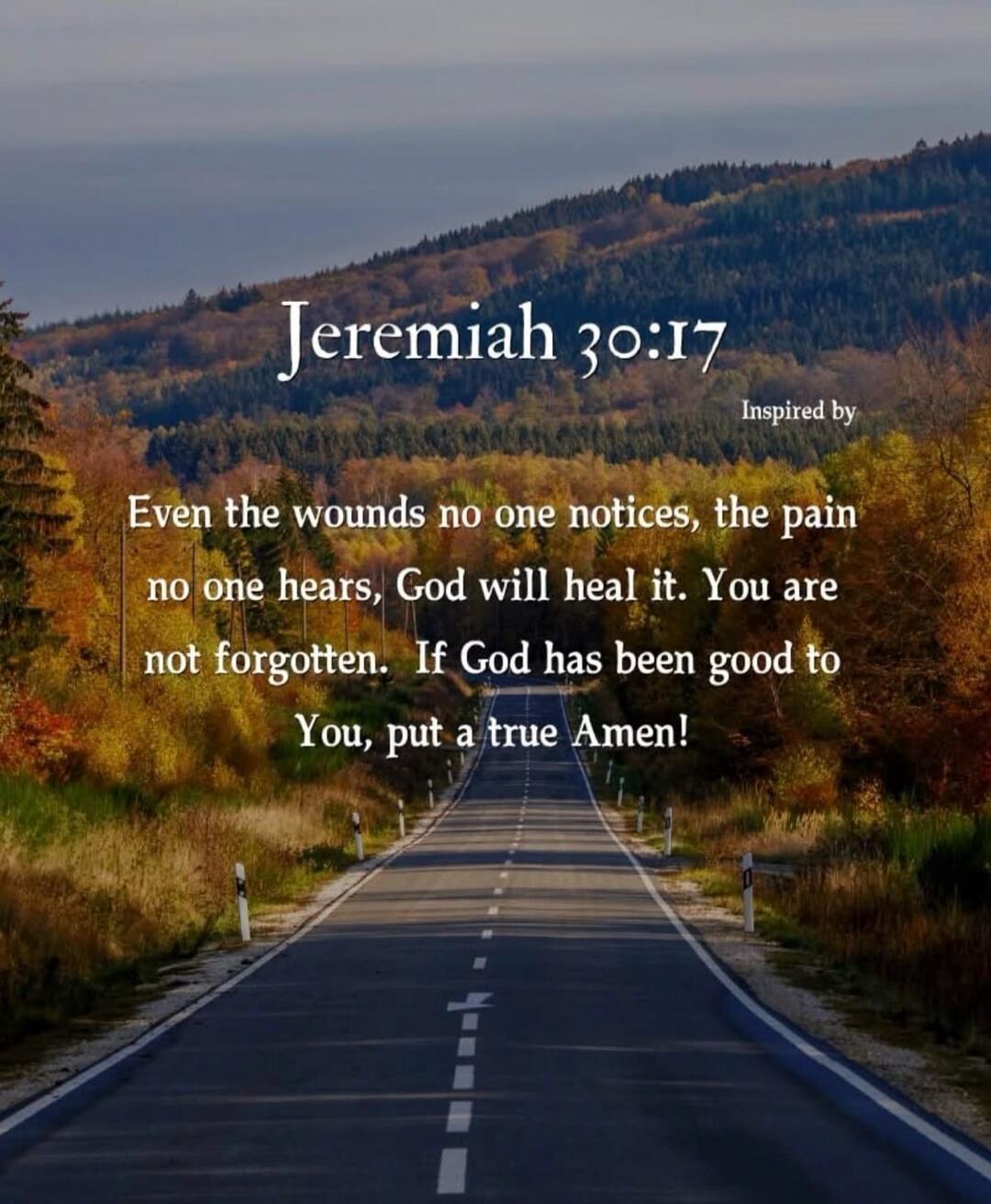 Jeremiah 30:17 Inspired by Even the wounds no one notices, the pain no one hears, God will heal it. You are not forgotten. If God has been good to You, put a true Amen!