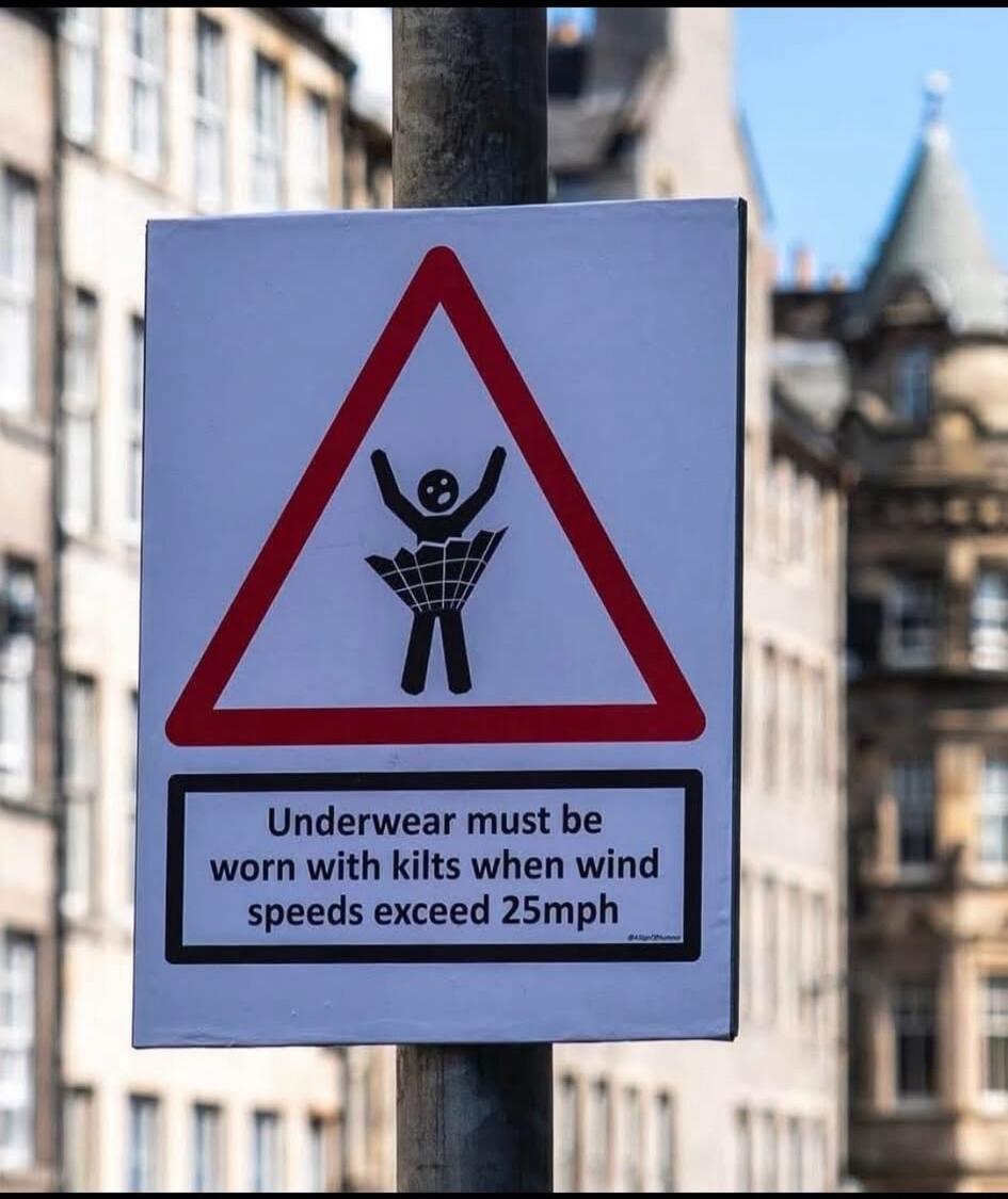 Underwear must be worn with kilts when wind speeds exceed 25mph