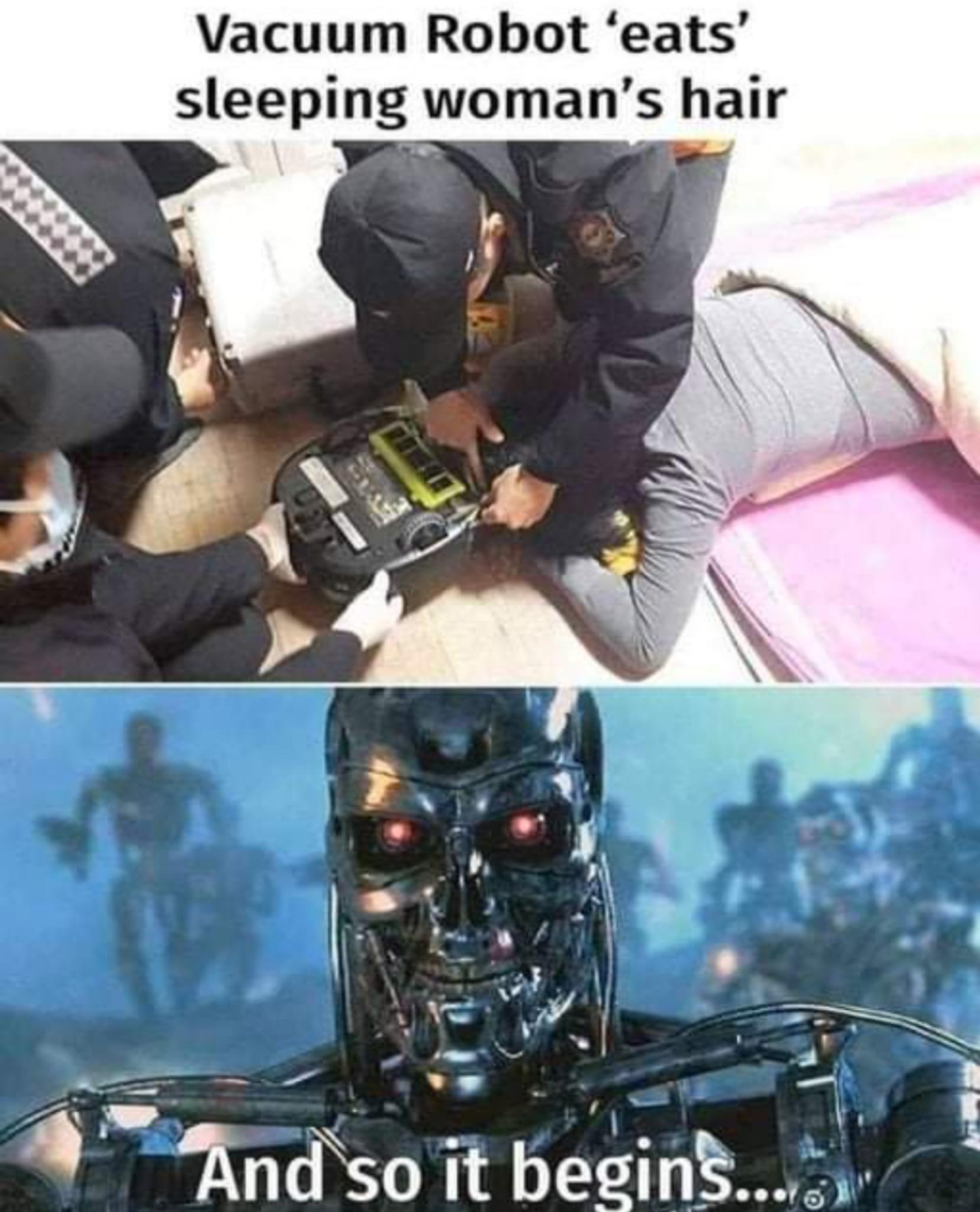 Vacuum Robot eats sleeping womans hair AR 4 N v 9 4 And soit begin