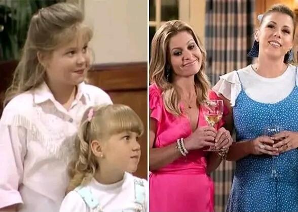 A split image showing two actresses, Candace Cameron Bure and Jodie Sweetin, as children on the left, likely from the TV show Full House, and as adults on the right, holding wine glasses and smiling. It's a 'then and now' comparison.