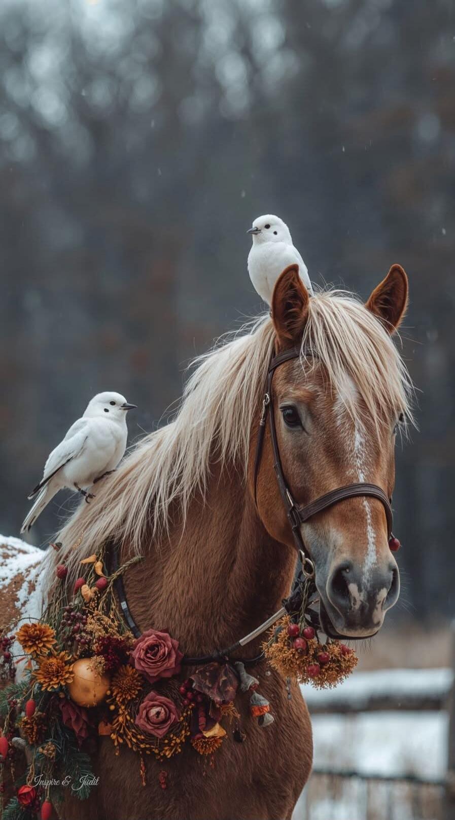 Two white birds perched on a horse with a floral garland around its neck in a snowy outdoor setting.