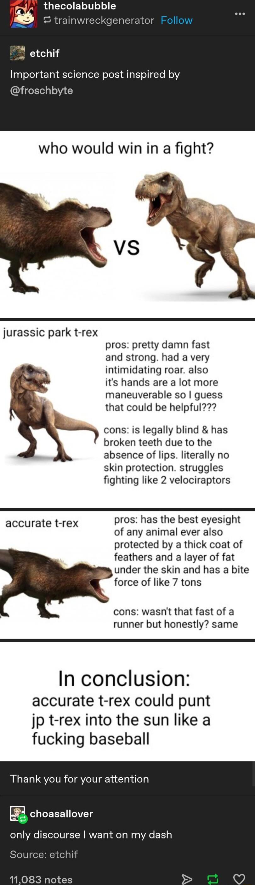 thecolabubble S trainwreck etchif Important science post inspired by froschbyte who would win in a fight jurassic park t rex pros pretty damn fast and strong had a very intimidating roar also its hands are a lot more maneuverable so guess that could be helpful Lj cons is legally blind has broken teeth due to the absence of lips literally no skin protection struggles fighting like 2 velociraptors a