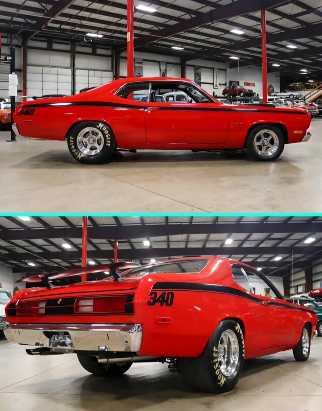 Red classic muscle car with 340 decal displayed in a showroom. Two views show the car from the side and rear.