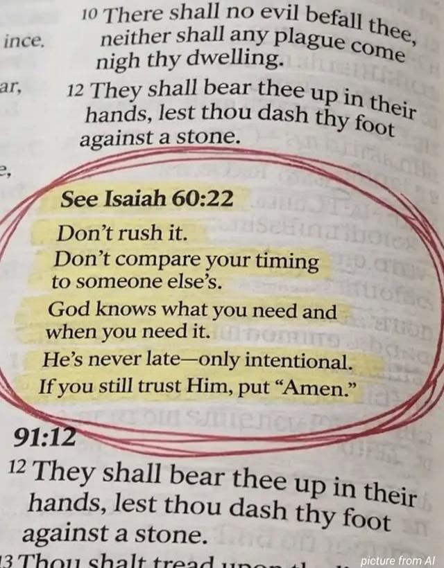 There shall no evil befall thee, neither shall any plague come nigh thy dwelling. They shall bear thee up in their hands, lest thou dash thy foot against a stone. See Isaiah 60:22. Don't rush it. Don't compare your timing to someone else's. God knows what you need and when you need it. He's never late—only intentional. If you still trust Him, put '