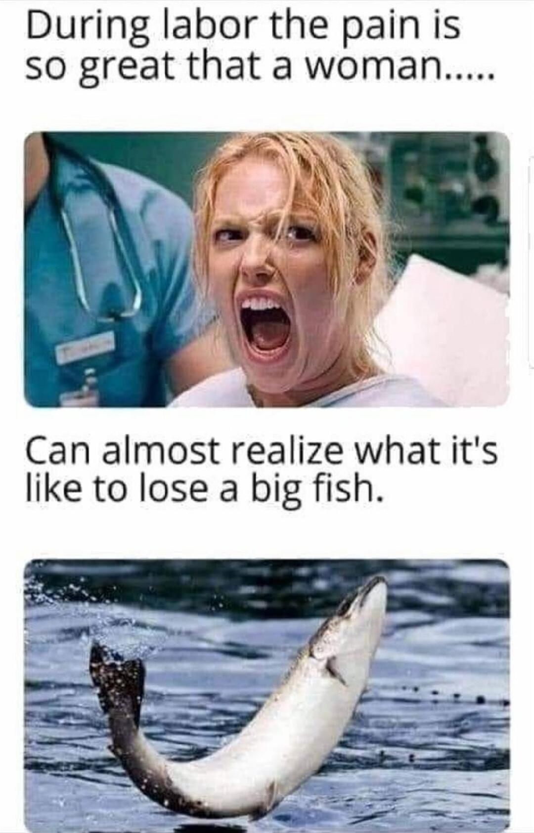 During labor the pain is so great that a woman..... Can almost realize what it's like to lose a big fish.