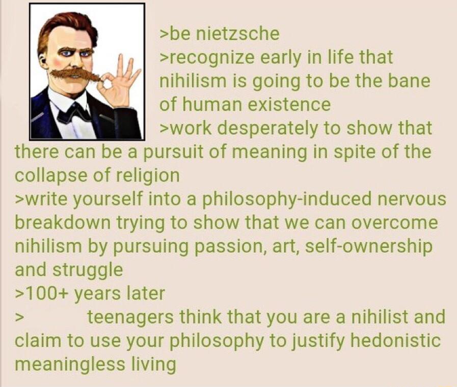 be nietzsche recognize early in life that nihilism is going to be the bane of human existence work desperately to show that there can be a pursuit of meaning in spite of the collapse of religion write yourself into a philosophy induced nervous breakdown trying to show that we can overcome nihilism by pursuing passion art self ownership and struggle 100 years later teenagers think that you are a ni