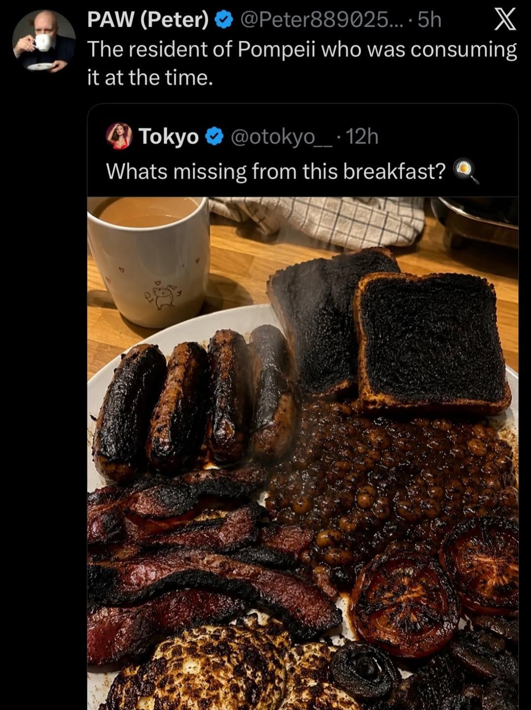 PAW (Peter) @Peter889025... 5h The resident of Pompeii who was consuming it at the time. Tokyo @otokyo__ 12h Whats missing from this breakfast? The image displays a plate with a full English breakfast that has been severely overcooked, appearing almost completely charred. The meal includes burnt sausages, bacon, toast, baked beans, tomatoes, and ot