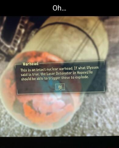 This is an intact nuclear arhead If what Ulysses said s true the Laser Detonator in Hopeville hould be able to trigger these to explode