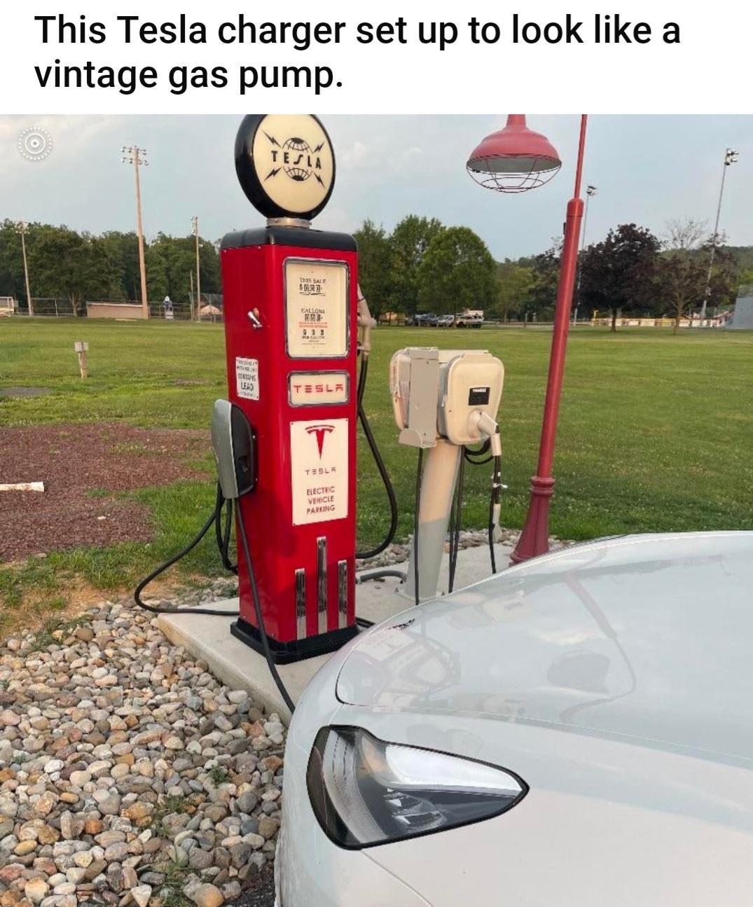 This Tesla charger set up to look like a vintage gas pump