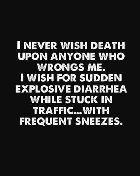 I NEVER WISH DEATH UPON ANYONE WHO L Le y N 1 WISH FOR SUDDEN EXPLOSIVE DIARRHEA WHILE STUCK IN TRAFFICWITH FREQUENT SNEEZES Swug Stwe