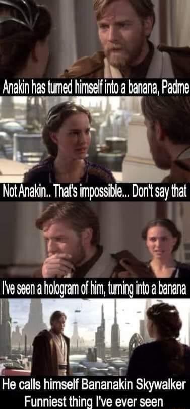 as fumed himsel into a banana Padme Not Anakin Thats impossible Dont say that o fw e Ive seen a hologram of him uming info banaa He calls himself Bananakin Skywalker Funniest thing Ive ever seen