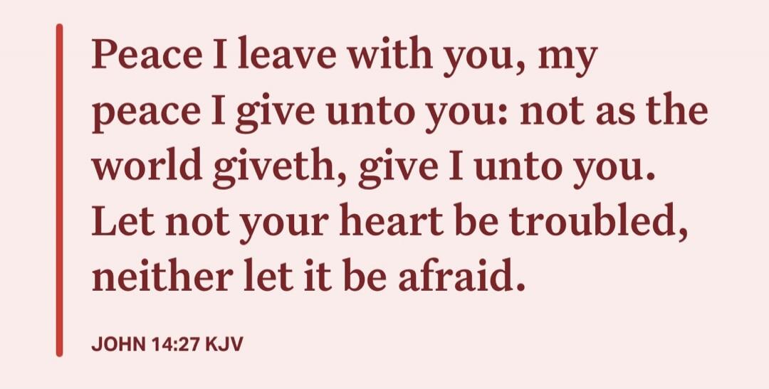 Peace I leave with you, my peace I give unto you: not as the world giveth, give I unto you. Let not your heart be troubled, neither let it be afraid.

JOHN 14:27 KJV
