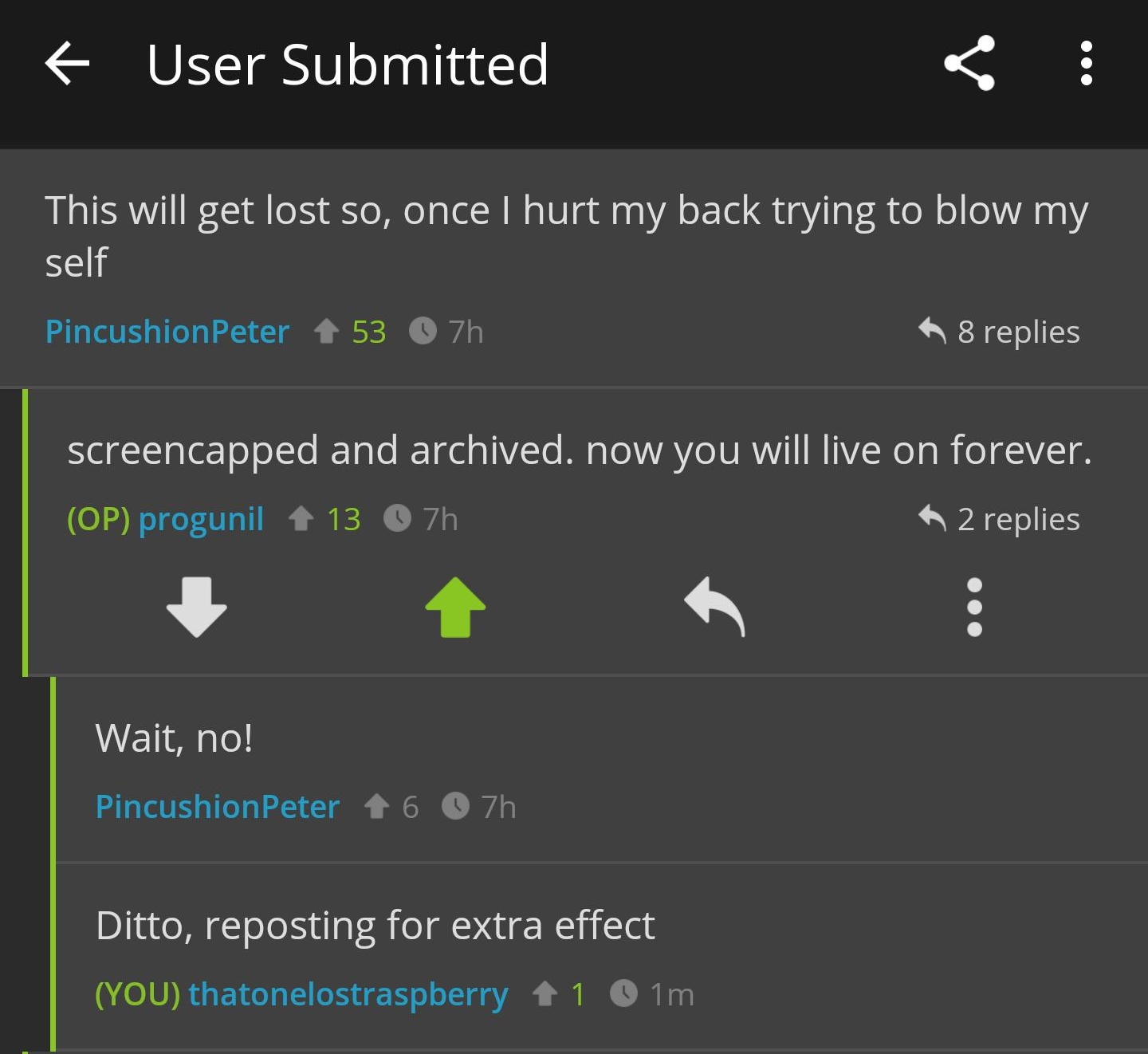 A 218 328 PM User Submitted g This will get lost so once hurt my back trying to blow my self PincushionPeter 53 7h 8 replies screencapped and archived now you will live on forever OP progunil 13 7h 2 replies Wait no PincushionPeter 6 Ditto reposting for extra effect YOU thatonelostraspberry 41