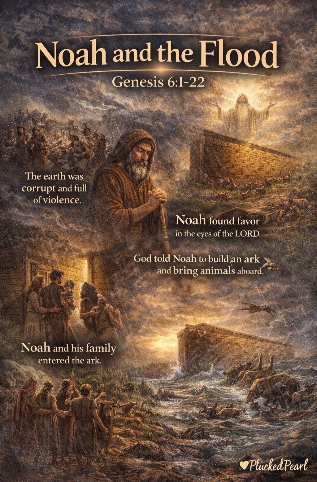 Noah and the Flood Genesis 6:1-22 The earth was corrupt and full of violence. Noah found favor in the eyes of the LORD. God told Noah to build an ark and bring animals aboard. Noah and his family entered the ark. Plucked Pearl