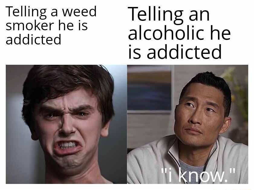 Telling a weed i smoker he is Temg an ddicted alcoholic he adeiae is addicted