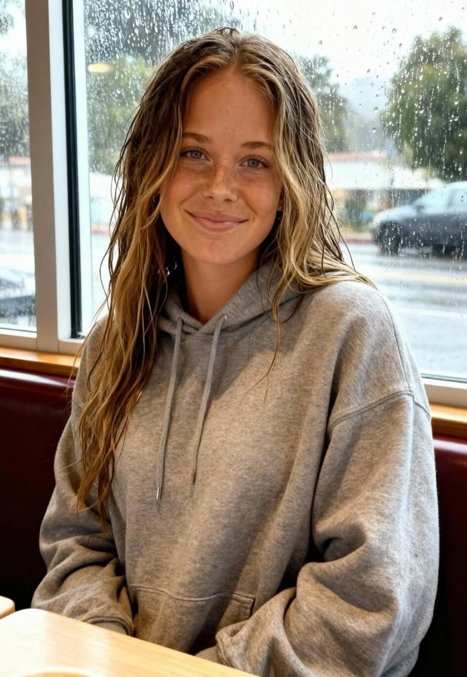 A young woman with long hair wearing a gray hoodie sits in a cafe with a rainy window behind her.