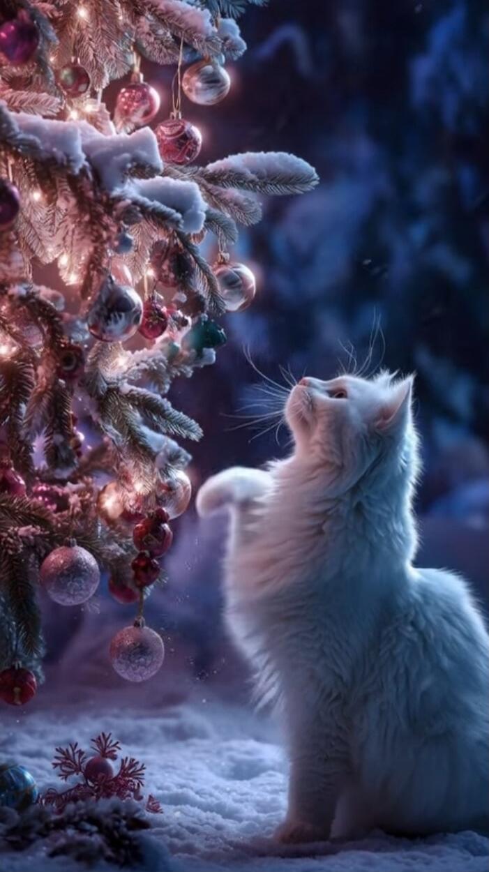 A white cat gazes up at a snow-covered Christmas tree adorned with ornaments and lights in a wintry scene.