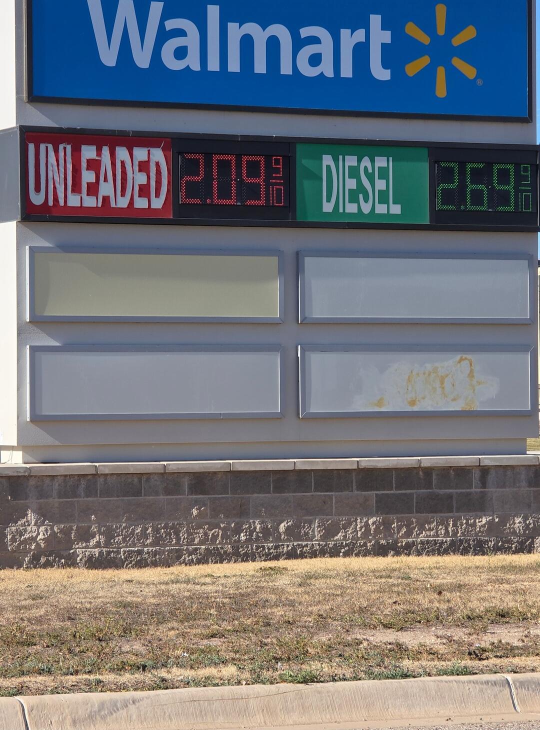 Walmart UNLEADED 2.09 9 DIESEL 2.69 9