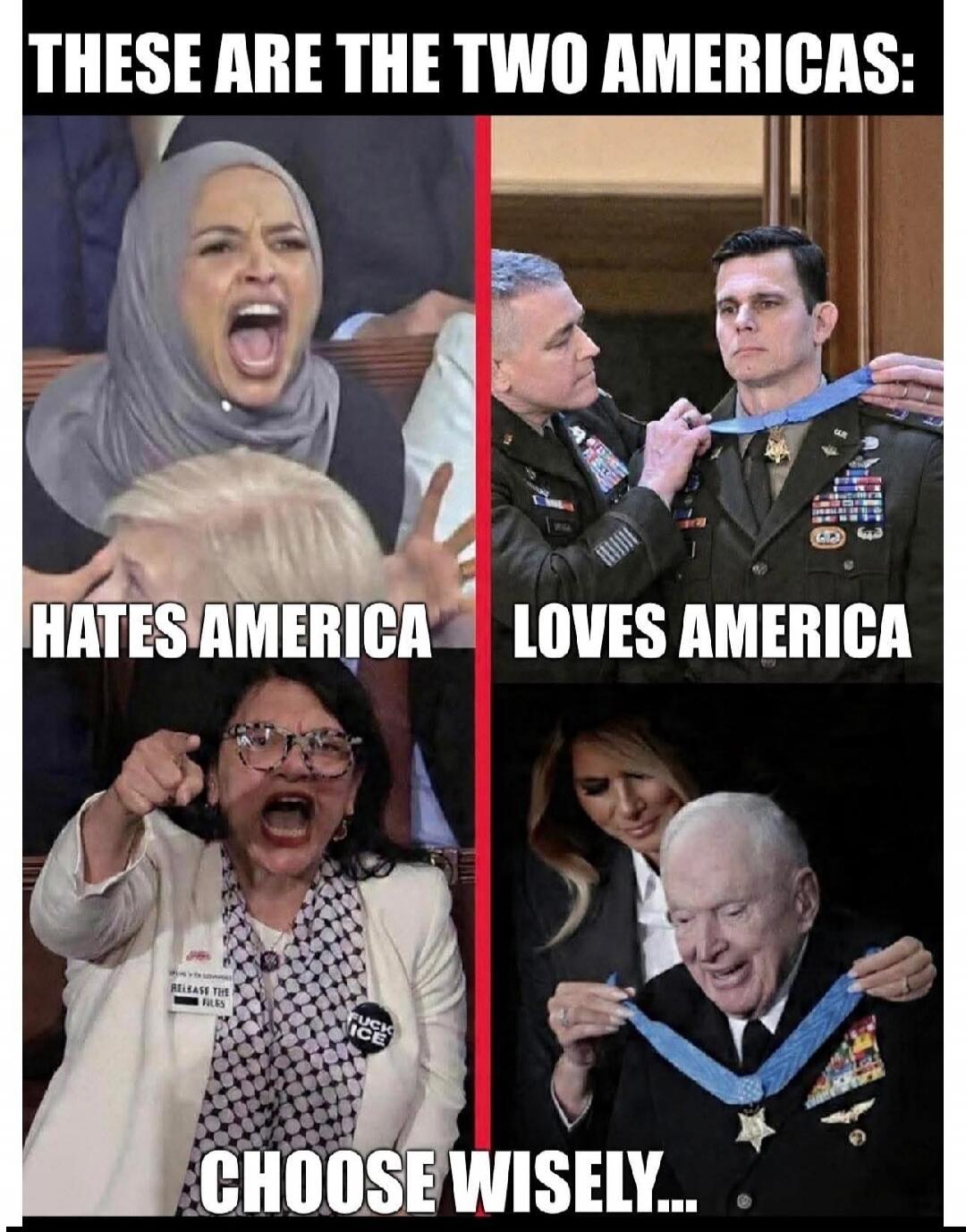 THESE ARE THE TWO AMERICAS:
HATES AMERICA
LOVES AMERICA
CHOOSE WISELY...