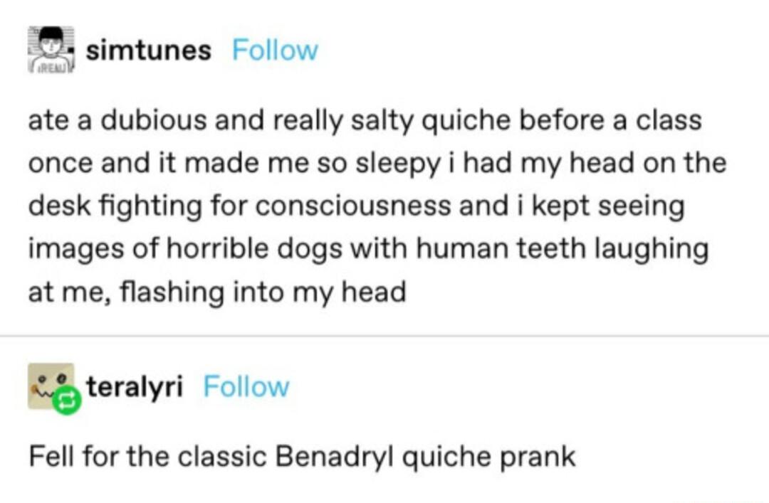 simtunes Follow e ate a dubious and really salty quiche before a class once and it made me so sleepy i had my head on the desk fighting for consciousness and i kept seeing images of horrible dogs with human teeth laughing at me flashing into my head teralyri Folow Fell for the classic Benadryl quiche prank