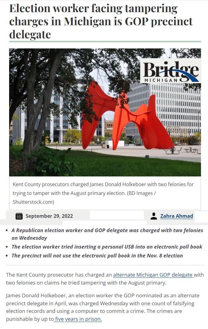 Election worker facing lampering charges in Michigan is GOP precinct delegate i AR T g B9 September 202022 ARepublican election worker and GOP delegate was charged with two felonies on Wednesdoy The election worker tried inserting a personal USE into an electronic poll book The precinct will not use the electronic poll book in the Nov 8 election s charged an alternate Michigan GOP delegate wit ed 