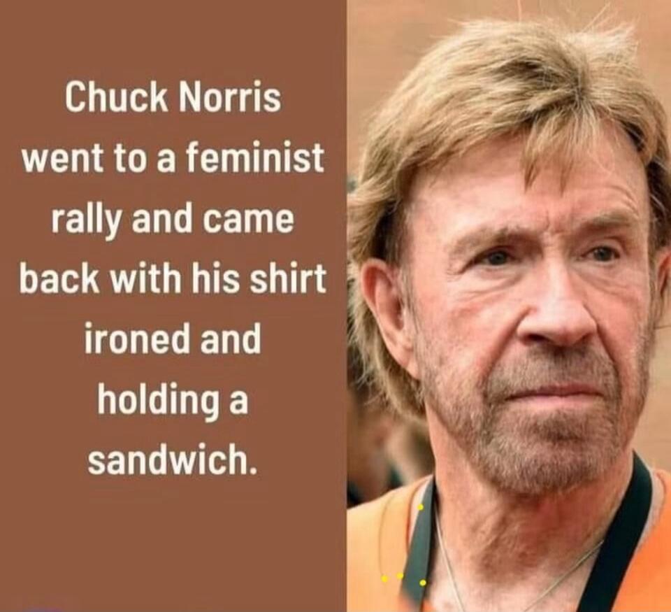 Chuck Norris went to a feminist rally and came back with his shirt ironed and holding a sandwich.