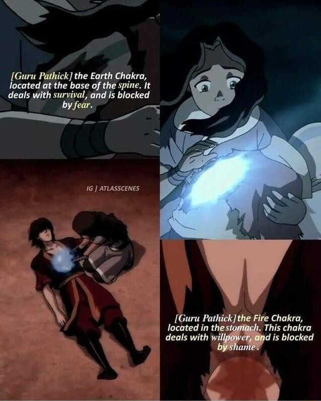 Guru Pithick the Earth Chakra located at the base of the spine It deals with survival and is blocked by fear e 16 Aiasscenes A Guru Pathickthe Fire Chakra located in thest This chakra deals with wi d is blocked ant