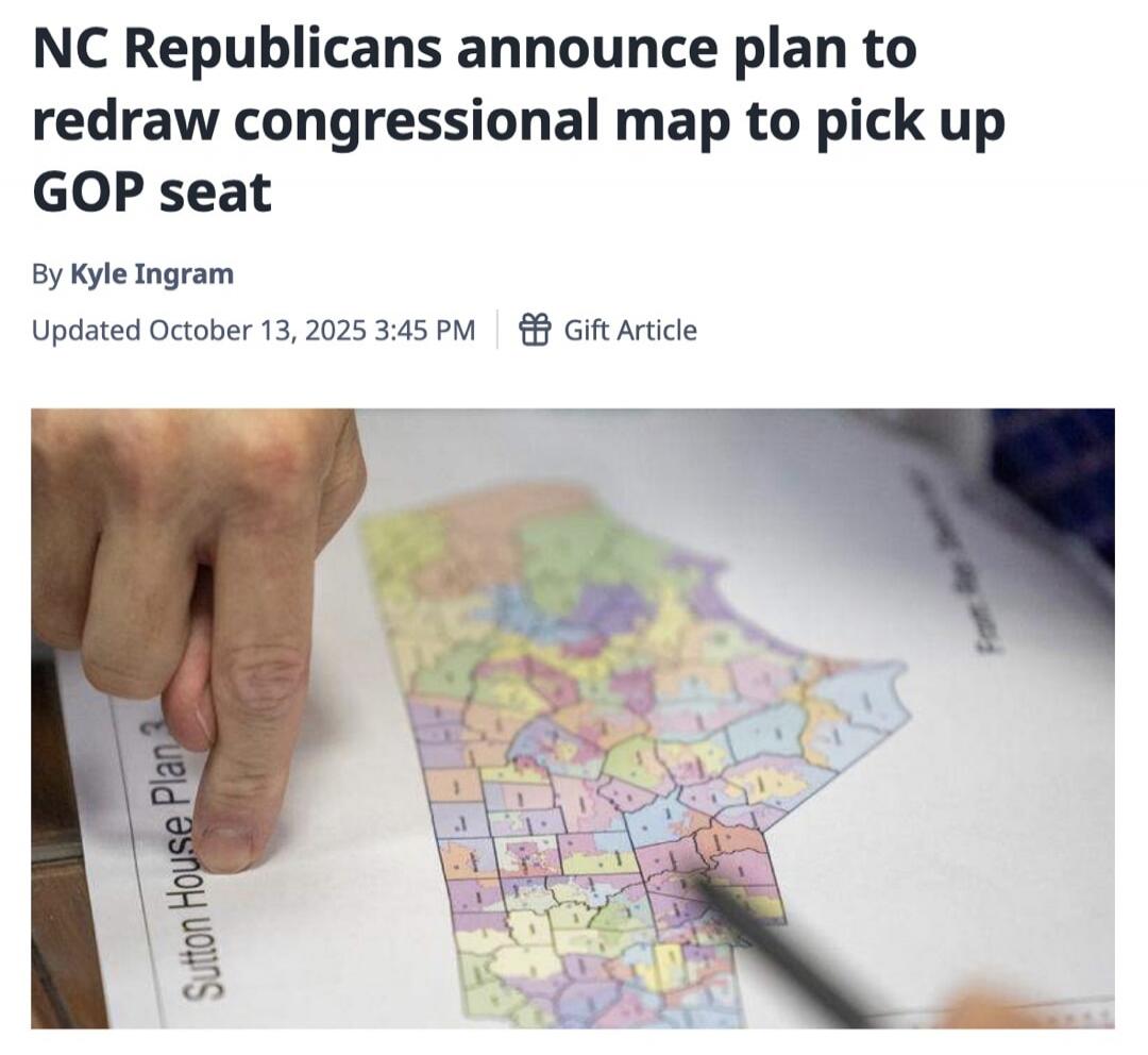 NC Republicans announce plan to redraw congressional map to pick up GOP seat
By Kyle Ingram
Updated October 13, 2025 3:45 PM
Gift Article
