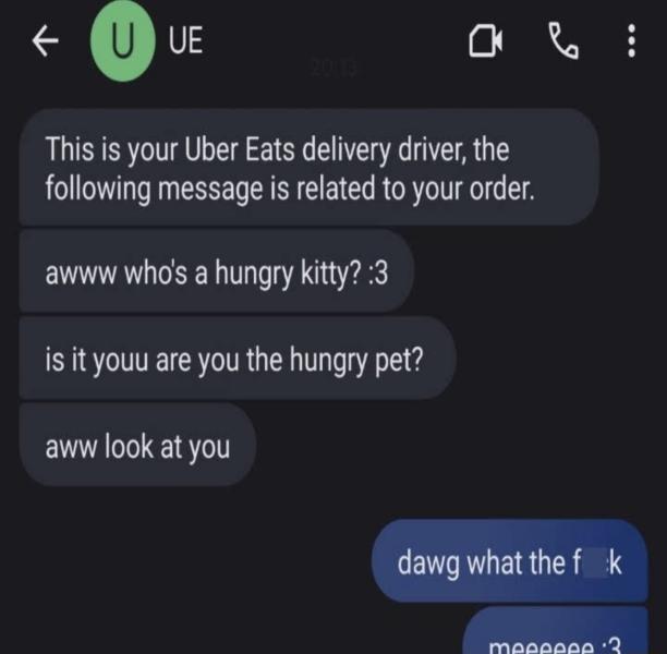 05 o i This is your Uber Eats delivery driver the following message is related to your order awww whos a hungry kitty 3 is it youu are you the hungry pet aww look at you