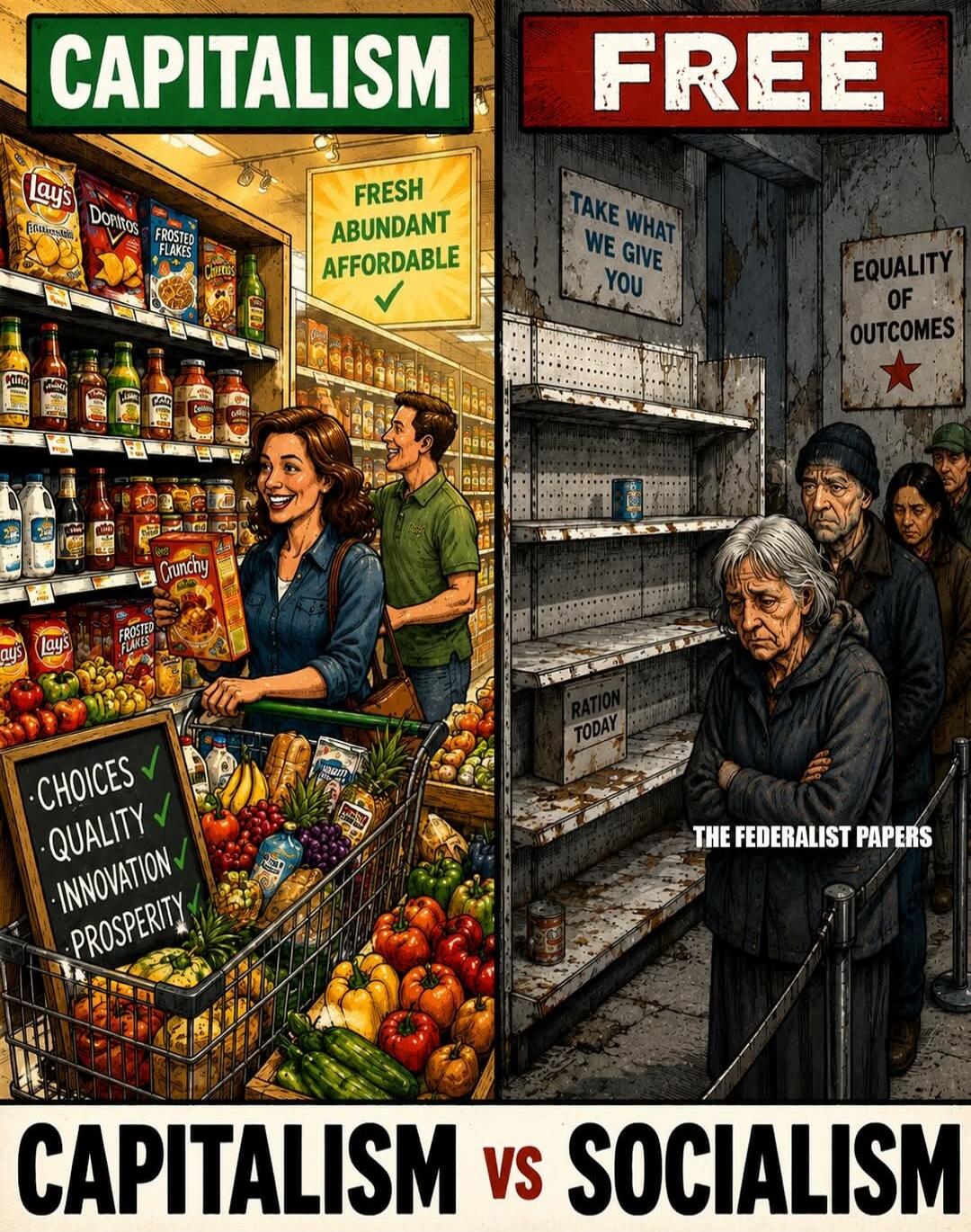 CAPITALISM FRESH ABUNDANT AFFORDABLE CHOICES QUALITY INNOVATION PROSPERITY FREE TAKE WHAT WE GIVE YOU EQUALITY OF OUTCOMES RATION TODAY THE FEDERALIST PAPERS CAPITALISM vs SOCIALISM
