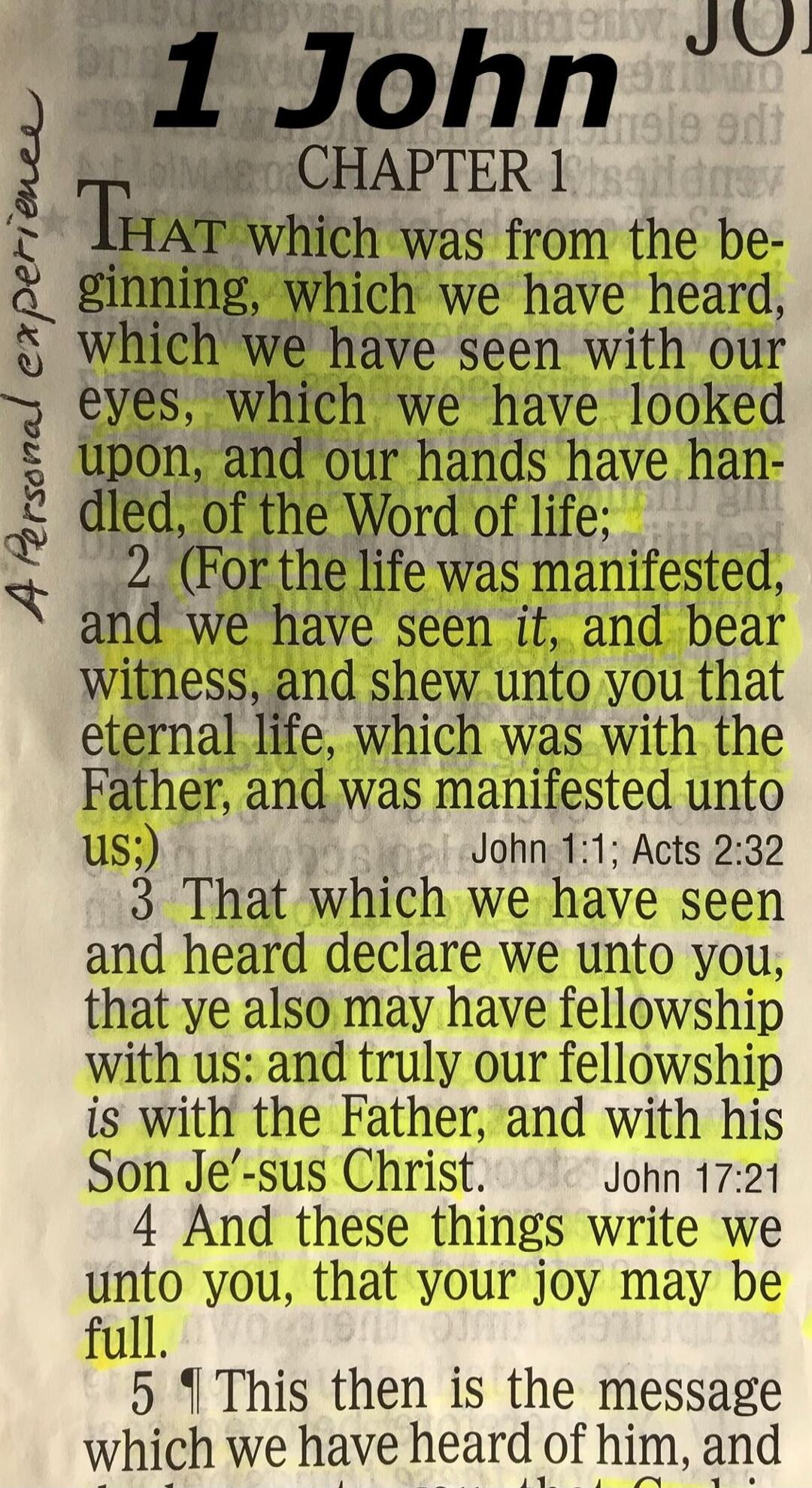 1 John CHAPTER 1 THAT which was from the beginning, which we have heard, which we have seen with our eyes, which we have looked upon, and our hands have handled, of the Word of life; 2 (For the life was manifested, and we have seen it, and bear witness, and shew unto you that eternal life, which was with the Father, and was manifested unto us); 3 T