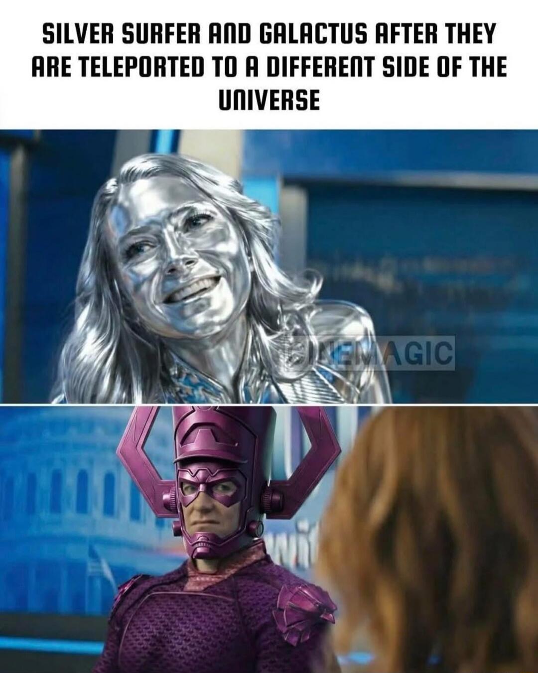 SILVER SURFER AND GALACTIUS AFTER THEY ARE TELEPORTED TO A DIFFERENT SIDE OF THE UNIVERSE