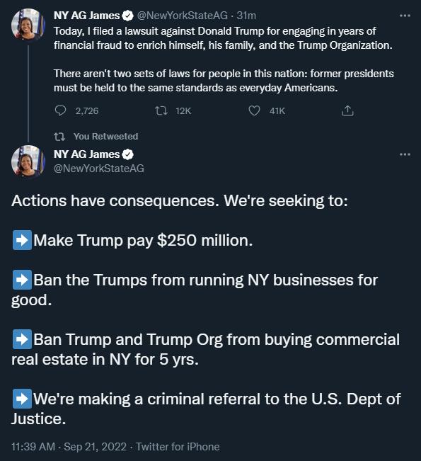 1 otslraddamiimnnd o ool o Bl s B e e e There arent two sets of laws for people i this nation former presidents must be held 10 the same standards as everyday Americans T You Rotwested e AG Actions have consequences Were seeking to Make Trump pay 250 million Ban the Trumps from running NY businesses for good IBan Trump and Trump Org from buying commercial real estate in NY for 5 yrs Were making a 