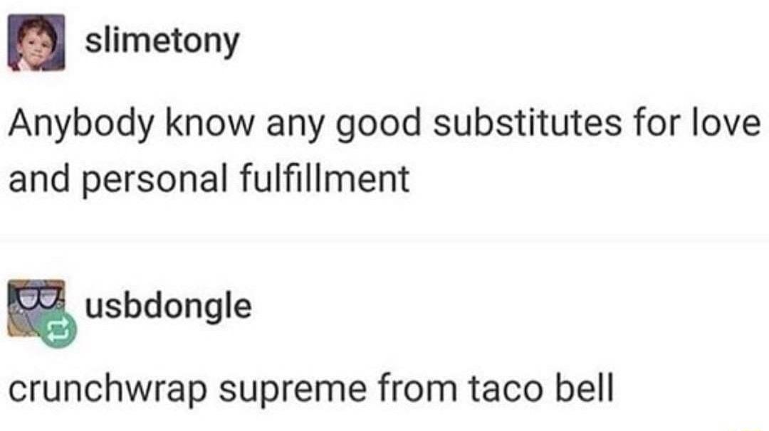 slimetony Anybody know any good substitutes for love and personal fulfillment B usbdongle crunchwrap supreme from taco bell