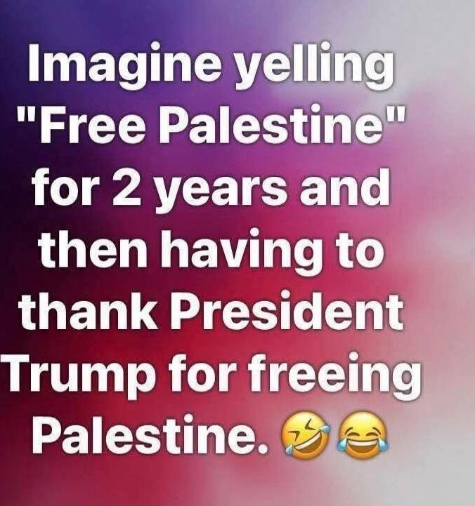Imagine yelling 'Free Palestine' for 2 years and then having to thank President Trump for freeing Palestine. 🤣😂