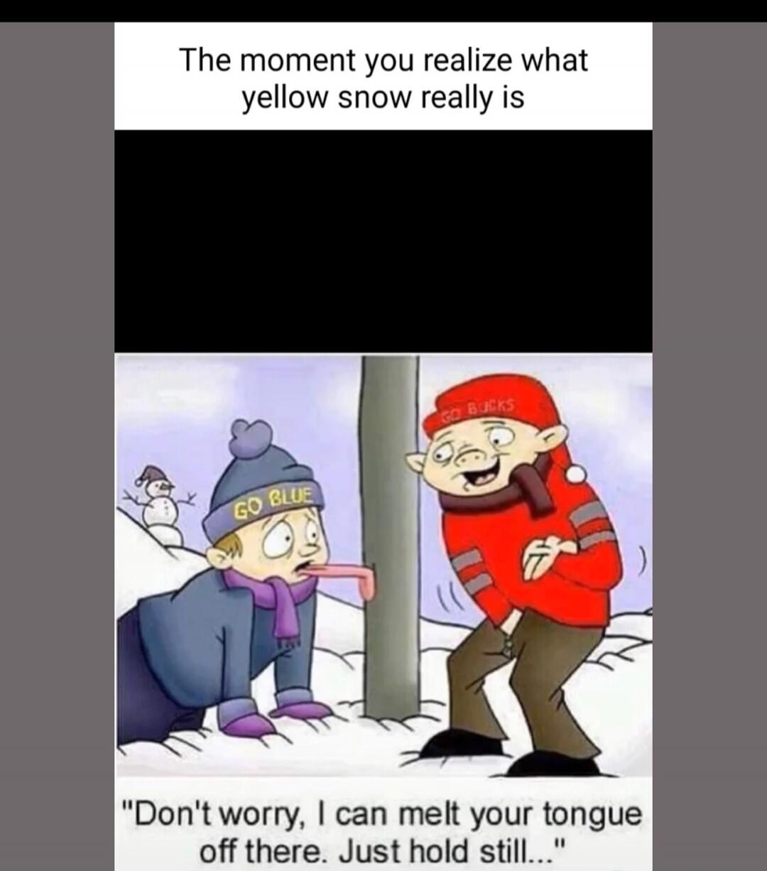 The moment you realize what yellow snow really is. GO BLUE. GO BUCKS. Don't worry, I can melt your tongue off there. Just hold still...