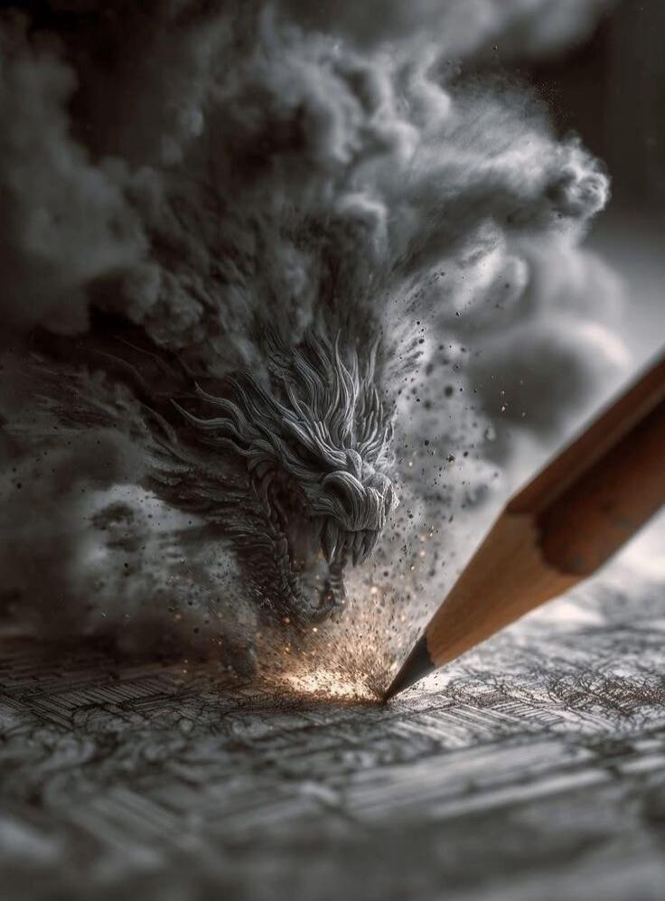 A detailed pencil illustration of a dragon formed from swirling smoke, with sparks at the pencil tip.