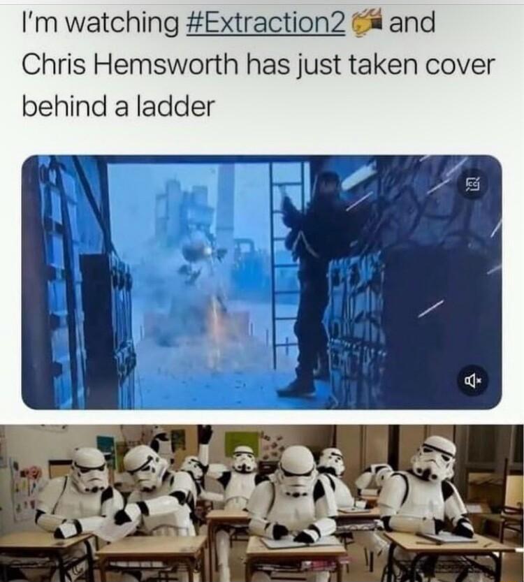 Im watching Extraction2 and Chris Hemsworth has just taken cover behind a ladder