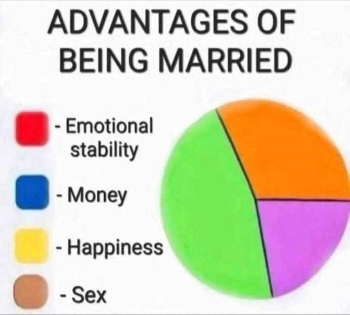 ADVANTAGES OF BEING MARRIED
- Emotional stability
- Money
- Happiness
- Sex