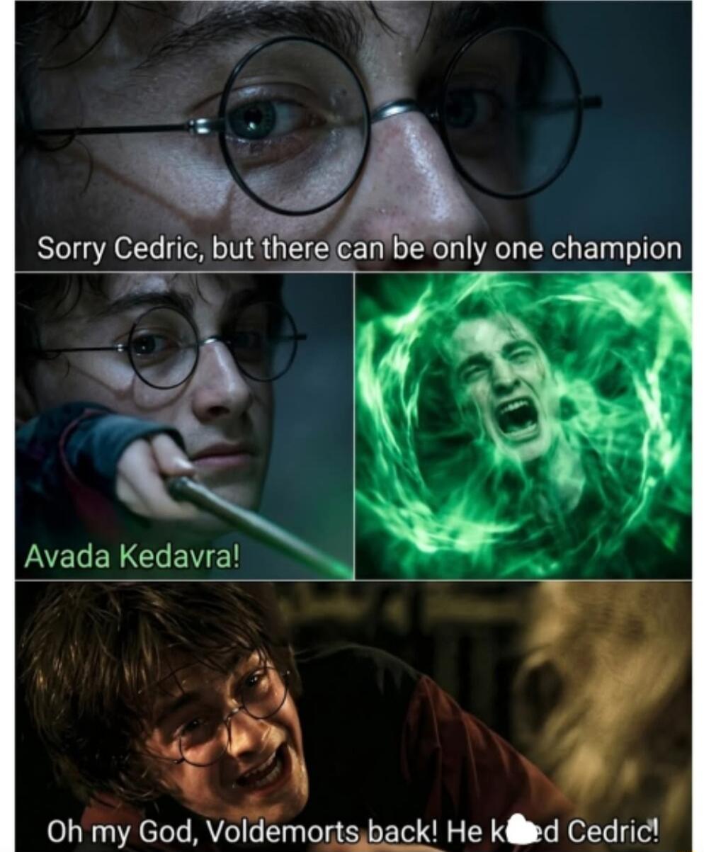 Sorry Cedric, but there can be only one champion. Avada Kedavra! Oh my God, Voldemorts back! He killed Cedric!