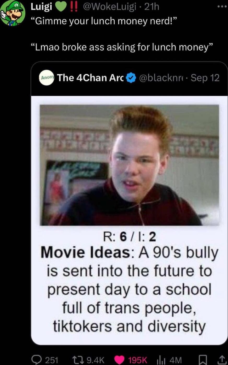 SN Luigi b Gimme your lunch money nerd Lmao broke ass asking for lunch money The 4Chan Arc Movie Ideas A 90s bully is sent into the future to present day to a school full of trans people tiktokers and diversity
