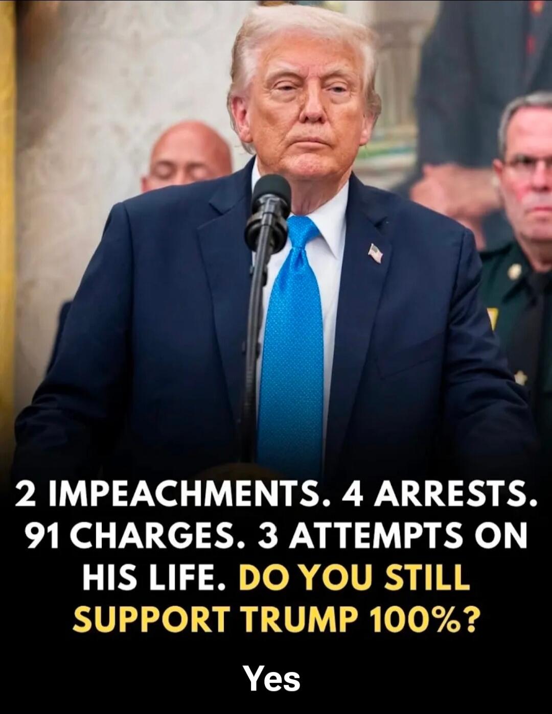 2 IMPEACHMENTS. 4 ARRESTS. 91 CHARGES. 3 ATTEMPTS ON HIS LIFE. DO YOU STILL SUPPORT TRUMP 100%?
Yes