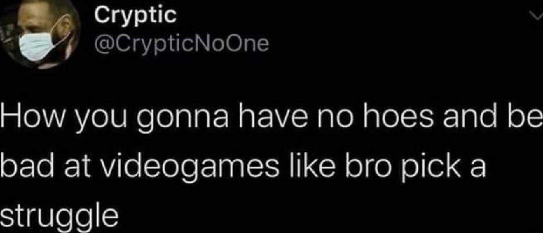 o157 11 CrypticNoOne How you gonna have no hoes and be bad at videogames like bro pick a Sg8lele