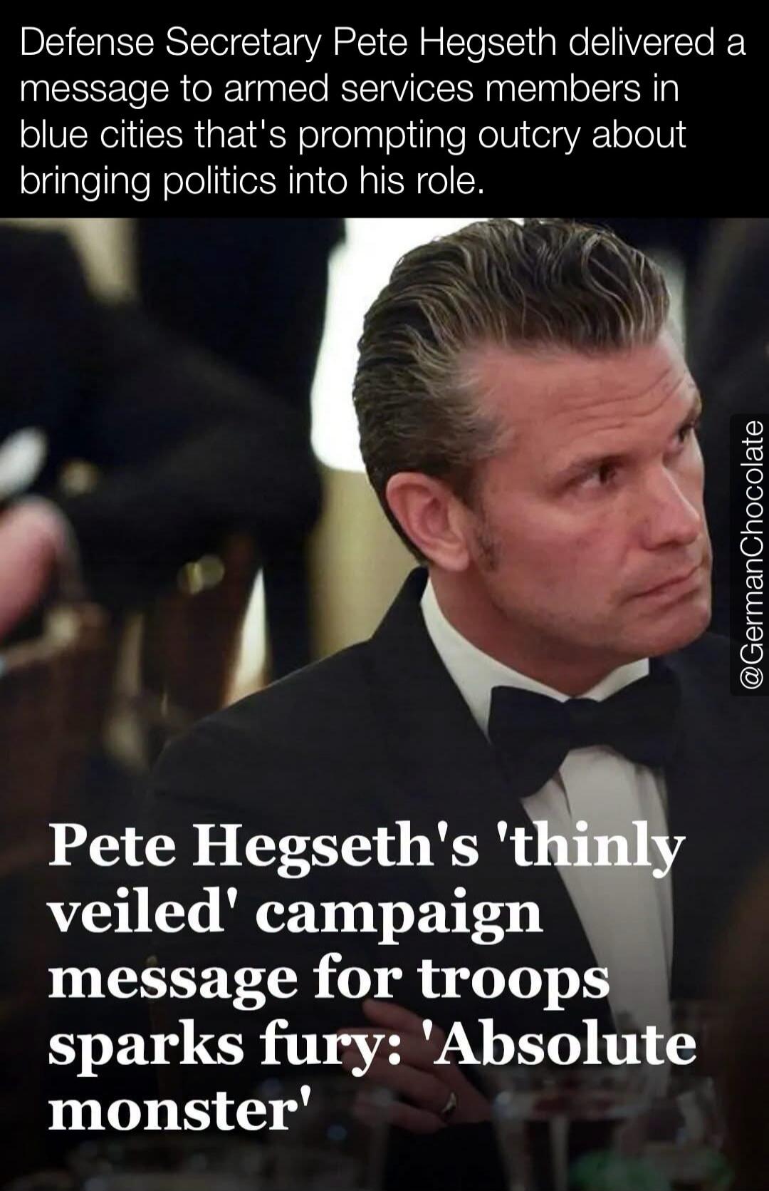 Defense Secretary Pete Hegseth delivered a message to armed services members in blue cities that's prompting outcry about bringing politics into his role. Pete Hegseth's 'thinly veiled' campaign message for troops sparks fury: 'Absolute monster'