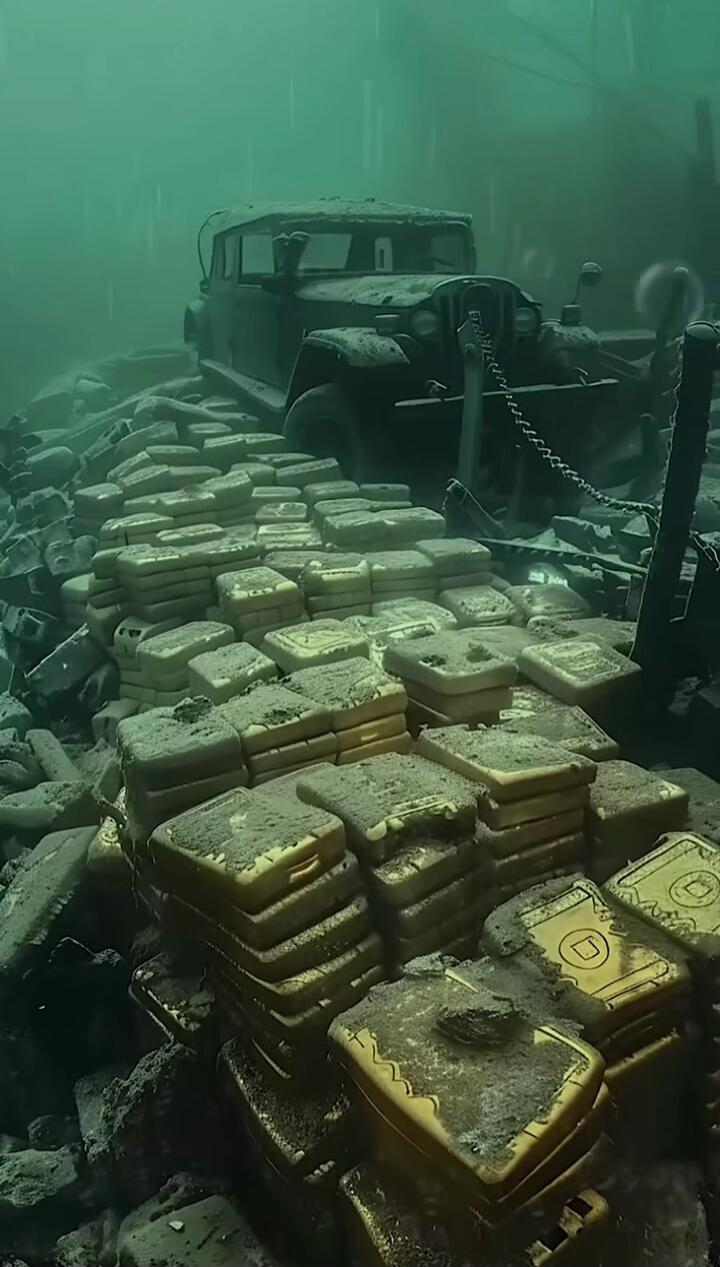 Underwater wreck with stacked gold bars around an old car.