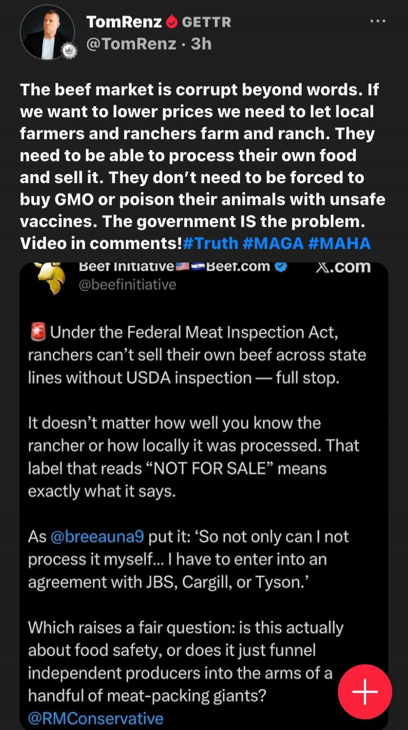 The beef market is corrupt beyond words. If we want to lower prices we need to let local farmers and ranchers farm and ranch. They need to be able to process their own food and sell it. They don't need to be forced to buy GMO or poison their animals with unsafe vaccines. The government IS the problem. Video in comments! #Truth #MAGA #MAHA
Under the