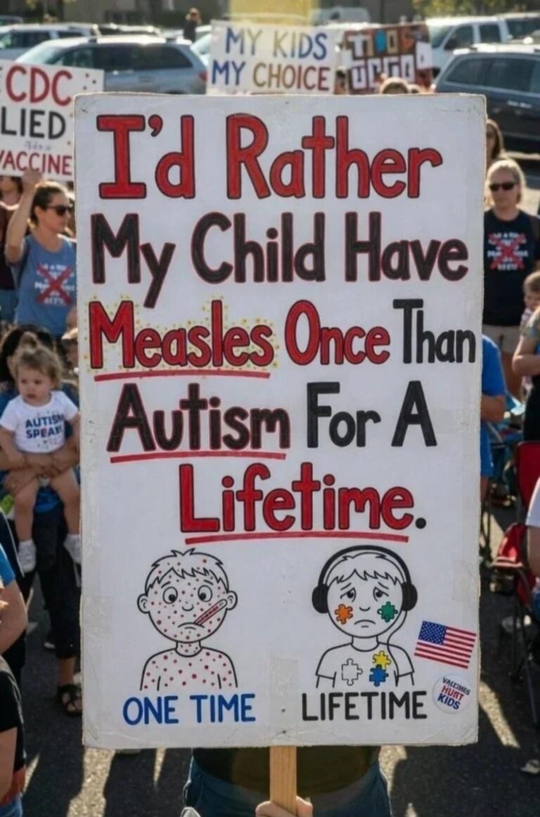 I'd Rather My Child Have Measles Once Than Autism For A Lifetime. The sign also depicts a child with measles (labeled 'ONE TIME') and a child with autism (labeled 'LIFETIME'). Other signs in the background read 'CDC LIED VACCINE', 'MY KIDS MY CHOICE', and a button says 'VACCINES HURT KIDS'. A child wears a shirt that says 'AUTISM SPEAKS'.